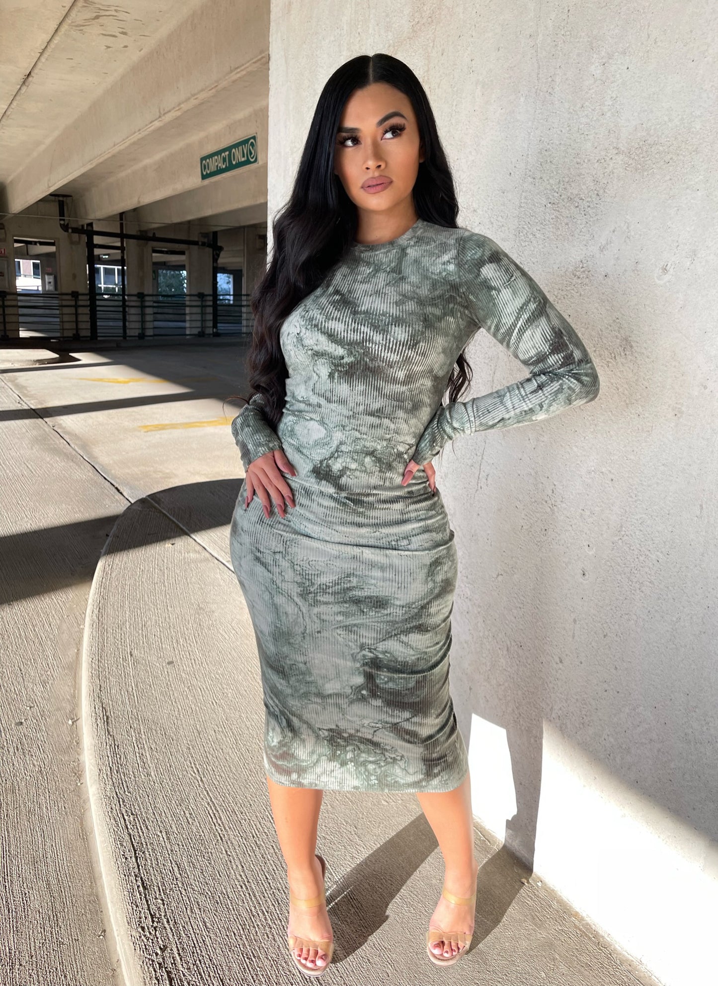 a lady wearing LONG SLEEVE MIDI DRESS